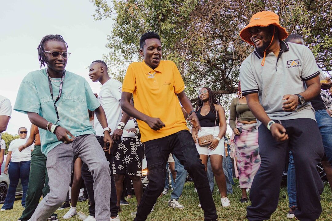 Group of active Slovak seniors dancing together at a community event